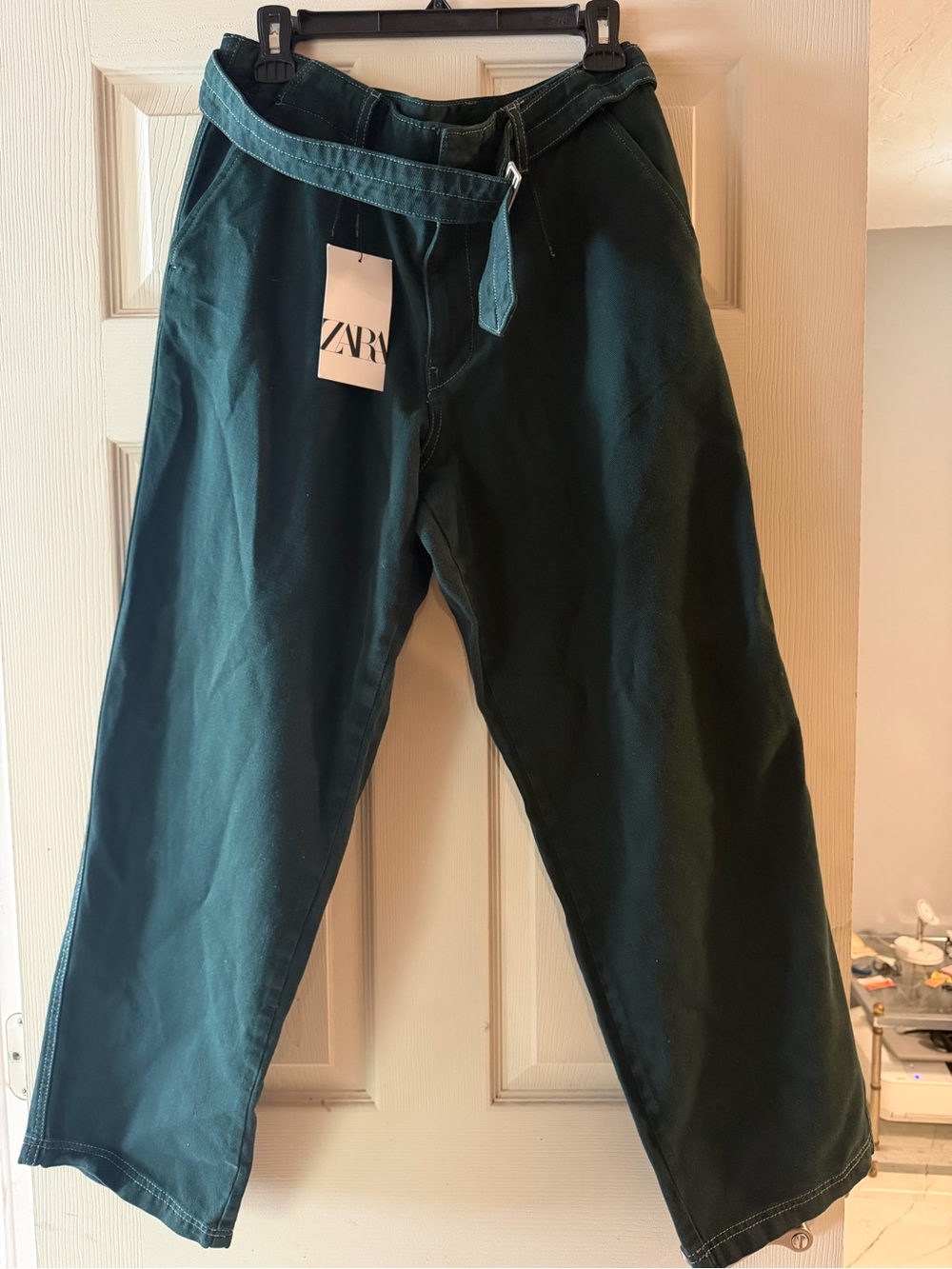 Zara Men’s Teal Cotton Belted Chinos